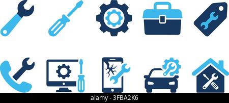 Technical support and repair icons set with blue tools for maintenance service and hardware diagnostics. Stock Vector