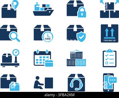 Logistics and shipping icons pack in blue and dark navy for warehouse supply chain and delivery service management. Stock Vector
