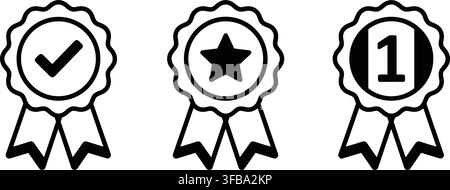 Outline vector badges with checkmark, star, and number one, representing achievement and quality. Stock Vector