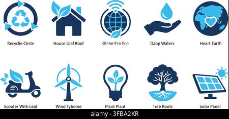 Sustainable development vector icon set with blue nature themes for eco friendly web design and business project. Stock Vector