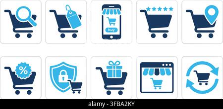 Online shopping cart icons set with blue and navy elements for web ecommerce interface design development. Stock Vector