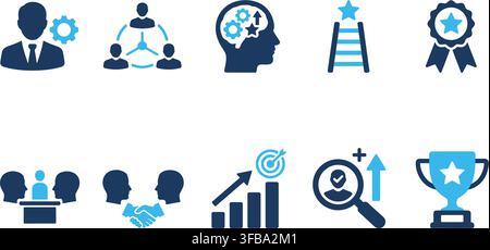Professional blue business growth and success icon set featuring leadership goals and team achievement. Stock Vector