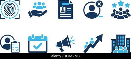Professional human resources line icons in blue and dark blue colors for business team management website. Stock Vector