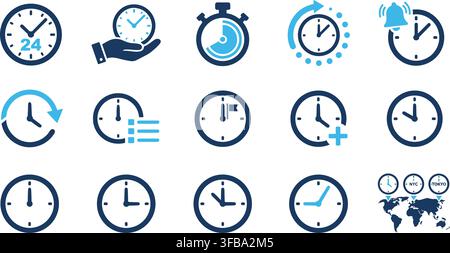 Time management and clock vector icons collection displaying temporal scheduling and countdown elements. Stock Vector
