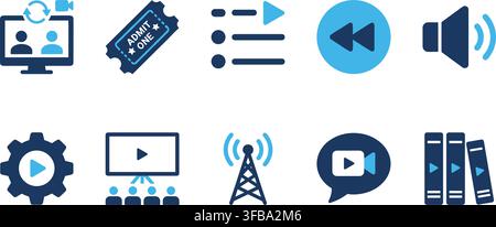 Multimedia video streaming and communication blue icons set for entertainment and webinar applications. Stock Vector