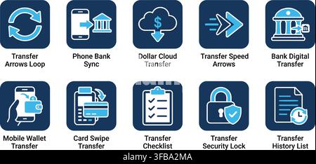 Online banking transfer icons on dark blue buttons representing mobile wallet and digital payment methods. Stock Vector