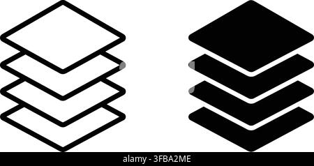 Stacked layers icons in line and solid black styles for graphic design software or organizational layouts. Stock Vector