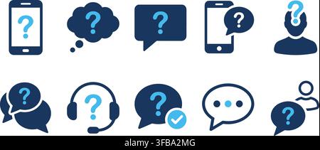Question and customer support icon set with blue speech bubbles and mobile devices for help desk assistance. Stock Vector