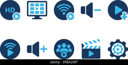 Set of blue technology and media icons representing video, audio, wifi, and screen. Stock Vector