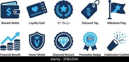 Reward icons set featuring blue wallet and badge symbols for loyalty program and gamification marketing design. Stock Vector