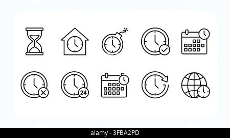 Set of ten black outline time icons for various time-related concepts and applications. Stock Vector