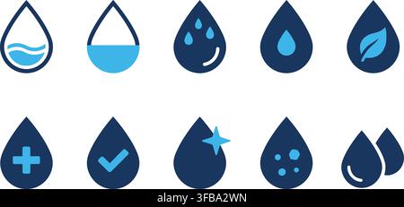 set of clean water drop icons in blue and navy colors representing purity and health. Stock Vector