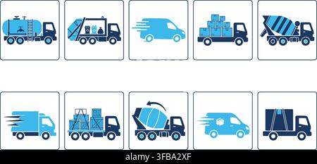 Set of ten blue and dark blue trucks for various transportation and logistics concepts. Stock Vector