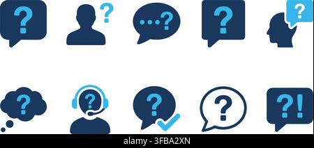 Question mark icons set featuring blue and dark navy speech bubbles for support and help desk systems. Stock Vector