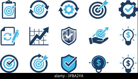 Strategy and performance icons with target arrows checklist and lightbulb ideas for business optimization. Stock Vector