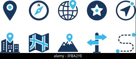 Travel navigation and map pointer vector icons outlining location coordinates and journey routing directions. Stock Vector