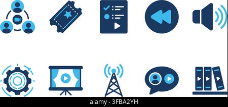 Set of blue and dark gray media and communication icons for digital entertainment and information sharing. Stock Vector