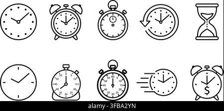 Time management thin line icons set containing clocks watch timer stopwatch alarm and hourglass symbols. Stock Vector