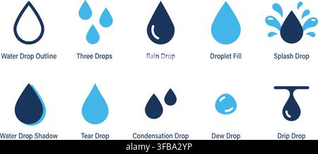 Water drop icons collection with blue fill and outline styles representing rain liquid splash or hydration. Stock Vector