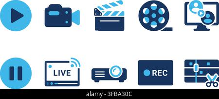 Video production icons collection with blue camera and film elements for cinema editing and digital creative. Stock Vector