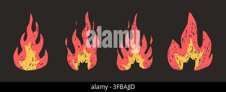 Flame crayon sketch with grunge texture set on dark background, Y2K scrapbook projects, bonfire stickers. Paper cutout fire, crayon, chalk texture hand drawn. Hot punk aesthetics with rough flame. Vector illustration Stock Vector