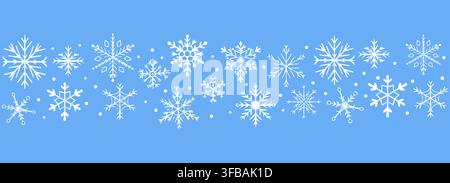 Snowflake border cute pencil drawing doodle. Textured seamless simple hand drawn crayon asterisk and snow crystals. Kids style childlike set elements. Scrapbook stickers, design elements. . Vector illustration Stock Vector