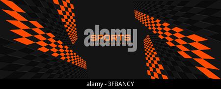 Black and orange wide sport banner. Modern abstract background with diagonal checkerboard flag for racing poster design and sports event. Vector Stock Vector