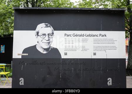 Gerald Leblanc's biographical information sign at Gerald Leblanc Park on Main Street in downtown Moncton, New Brunswick, Canada Stock Photo