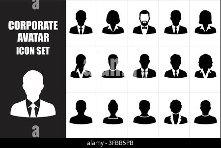 Corporate avatar icon set with various professional business people silhouettes for user profiles and company directories. Stock Vector