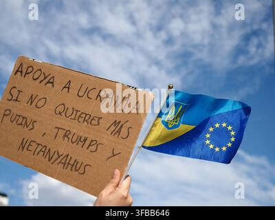 MADRID, SPAIN - AUGUST 23: Members of the Ukrainian community gathered at Puerta del Sol in Madrid and marched through the streets of the city to Plaza de Cibeles in commemoration of Ukrainian Flag Day and the 35th anniversary of Ukraine's independence. Credit: Aaron Heredia Sánchez/Alamy Live News Stock Photo
