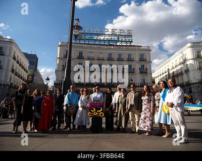 MADRID, SPAIN - AUGUST 23: Members of the Ukrainian community gathered at Puerta del Sol in Madrid and marched through the streets of the city to Plaza de Cibeles in commemoration of Ukrainian Flag Day and the 35th anniversary of Ukraine's independence. Credit: Aaron Heredia Sánchez/Alamy Live News Stock Photo