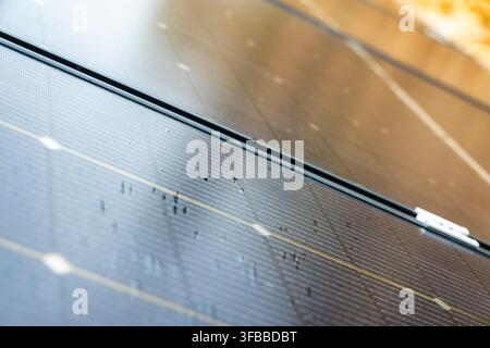 Detailed view of photovoltaic cells showing small water beads reflecting light on the textured surface Stock Photo