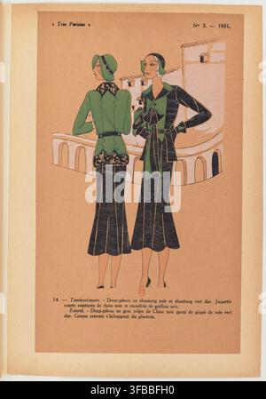 A 1931 French fashion print featuring two women wearing two-piece outfits, one in black and green shantung with a short jacket and the other in black crepe de Chine with a silk tie, as published in Très Parisien, number 3. Stock Photo