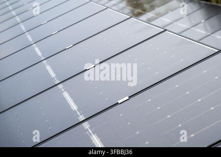 Rows of dark photovoltaic panels are angled on a roof, reflecting the muted light of a cloudy day Stock Photo