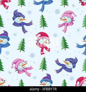 Seamless vector pattern featuring funny snowmen in colorful hats, green firs, and snowflakes on a light blue background for Christmas design. Stock Vector