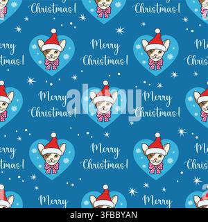 Seamless vector pattern with cute cats in Santa hats inside hearts and Merry Christmas text on a blue background. Stock Vector