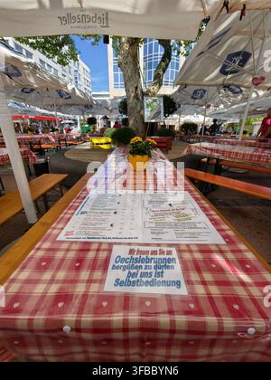 Pforzheim Germany August 23, 2026 Oechsle Fest Pforzheim Long wooden table covered with red checkered plastic tablecloth leading to central potted yel Stock Photo