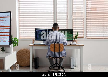Software development and coding, man working on multiple computer screens with programming code in a modern home office Stock Photo