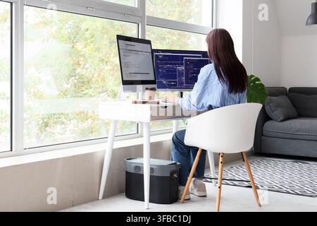 Remote work and home office setup, woman coding on dual monitors with portable power station for energy independence Stock Photo