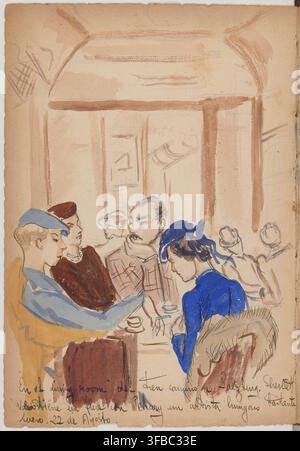 A 1937 drawing of people sitting at a table, with text referencing a dining room, a trip to Salzburg, and an artist named Pekary, dated August 22. Stock Photo