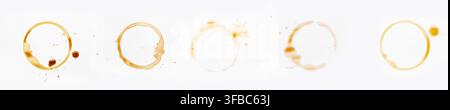 Coffee stain rings and tea cup marks, beverage spills on white background, abstract texture and grunge pattern Stock Photo