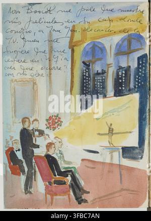 A café interior, as in a drawing from the late 1960s to early 1970s, featuring a note that mentions Mrs Boocock, Tom Jen, and a reference to waiting in New York to see what happens with the artist's work. Stock Photo