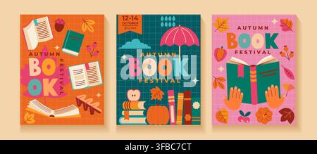 Set flyers for book festival. Book fair concept. Education, culture festival day, library or literature event.Vertical poster for advertising,promotion,invitation.Design for banner,web,sales,ad.Vector Stock Vector