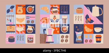 Bright coffee geometric flyers,coffee themed icons. Beans, croissant, coffee to go,different types of hot drink-americano, latte, moka and ice coffee. Design for web,cover,web,print, poster. Vector Stock Vector