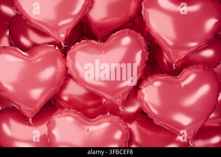 Glossy heart balloons background. Red hear-shaped balloons. Romantic background. 3d rendering Stock Photo