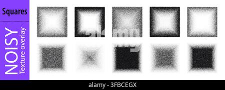 Noisy granular square shape and white sand spray, pointed gradient effect. Black shadow texture, brush pattern with vector gradation. Grunge stipple Stock Vector
