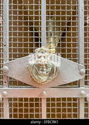 closeup of an antique bronze door with beared man's head mounted on a grey iron gate with wire mesh Stock Photo