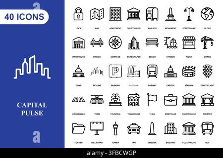 A comprehensive collection of forty urban city infrastructure and public service line art icons. Stock Vector