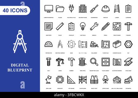 A comprehensive collection of forty linear icons for architecture, engineering, and construction projects. Stock Vector