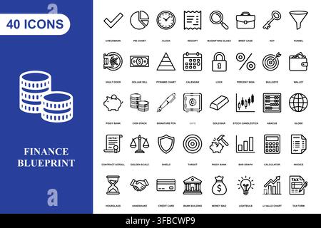 A comprehensive collection of forty financial and business line art icons for professional digital projects. Stock Vector